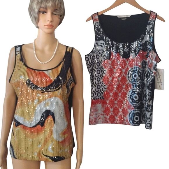 Two Peter Nygard Sequin Tanks, Women's Size Large Multicolor Stretchy Tops - Picture 1 of 9